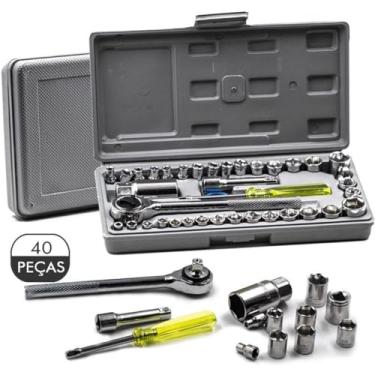Imagem de Conjunto Combo Kit de Chaves Canhão Catraca Cachimbo Reversível: Jogo com Soquetes de 40 Peças Sextavado 1/4 Polegadas, 3/8 Polegadas, 1/2 Polegadas Fácil de Usar com Maleta - StarSeller