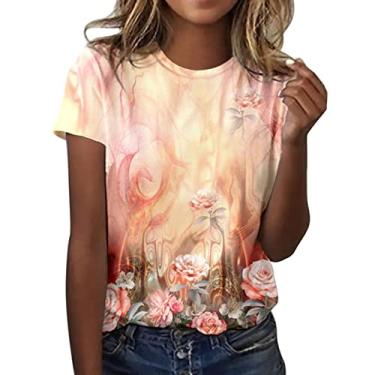 Imagem de Camiseta feminina com estampa floral e gola redonda, camiseta gráfica estética com estampa casual Confortável Blusa Solto Tops de verão feminino seda Blusa Brilhante F90-Laranja X-Large