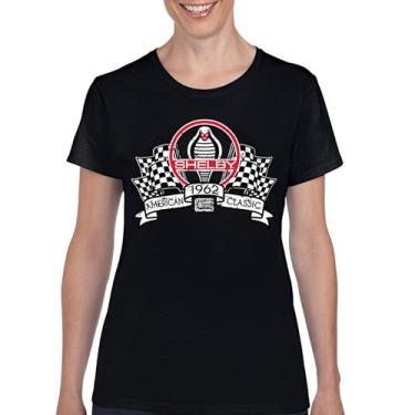 Imagem de Camiseta feminina 1962 Shelby American Classic Vintage Mustang Cobra Racing GT500 GT350 Muscle Car Powered by Ford, Preto, XXG