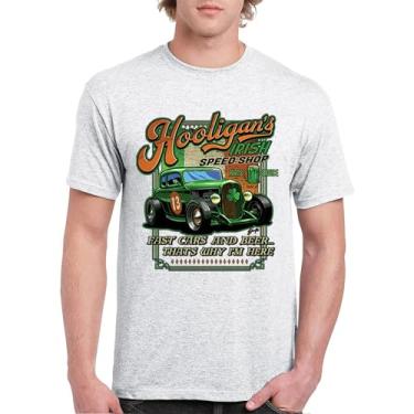 Imagem de Camiseta masculina Hooligan's Irish Speed Shop Dia de São Patrício Vintage Hot Rod Shamrock St Patty's Beer Festival, Cinza-claro, P