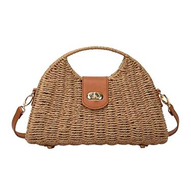 Imagem de Bolsa tiracolo feminina de palha tecida à mão em vime, bolsa de praia, alça superior, bolsa de ombro para viagens de férias, Caqui, One Size, Casual