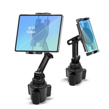 Imagem de Suporte de copo para tablet de carro, suporte ajustável de 360° com 2 braços para iPad Pro 12.9/11/10.5/9.7/Air/Mini 6/5/4, Samsung Galaxy Tab/Z Fold 6/5, Amazon Fire HD, iPhone 16/15/14/Pro, aba e