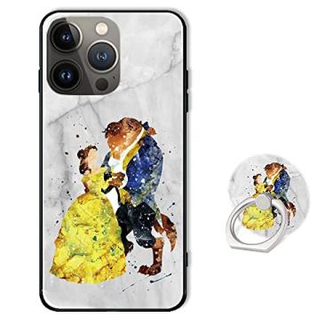 Imagem de Linda capa de telefone para iPhone 14 Pro Max com suporte de anel, capa protetora de silicone de borracha macia TPU para iPhone 14 Pro Max 6,7 polegadas - Mármore branco da Disney A Bela e a Fera