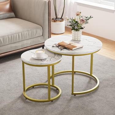 Imagem de Smuxee Conjunto de 2 mesas de centro redondas brancas, padrão de mármore de madeira com pés antiderrapantes ajustáveis, mesa de canto industrial para sala de estar, quarto, varanda, dourado