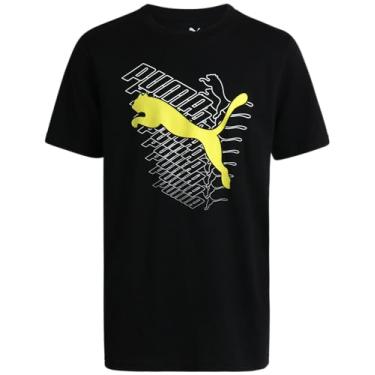 Imagem de PUMA Camiseta para meninos - Camiseta com logotipo de gato para meninos - Camiseta atlética gola redonda manga curta (P-GG), Preto/Amarelo, P