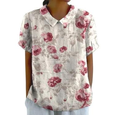 Imagem de Camisetas femininas de linho casual de verão estampa floral manga curta túnica solta gola redonda elegante blusa moderna camisetas confortáveis, Rosa choque, GG