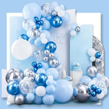 Imagem de PartyWoo Kit de guirlanda de balões azuis, 140 peças, kit de arco de balão azul e branco, balões prateados 4D, balões metálicos, balões de confete para chá de bebê, aniversário, batismo