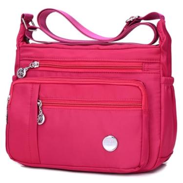 Imagem de WETURAST Bolsa tiracolo feminina com vários bolsos, bolsa de ombro à prova d'água de nylon e bolsa carteiro, Rosa vermelha - pequena