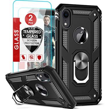 Imagem de LeYi Capa para iPhone XR, capa para iPhone XR com suporte e protetor de tela de vidro temperado para homens, capa rígida protetora resistente com anel de metal para Apple iPhone 10 XR, preta