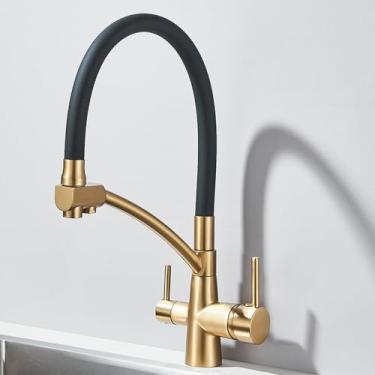 Imagem de Torneiras de pia de cozinha filtradas Torneira de purificação Torneira de filtro de água giratória 360 para cozinha 3 em 1 Misturador de pia de vaso purificador, ouro escovado, tamanho único