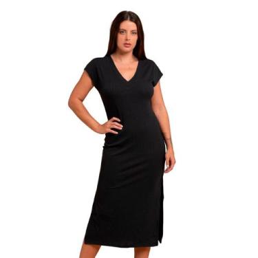 Imagem de Vestido Canelado Casual Decote V Alongado Fenda Lateral Feminino Leve 