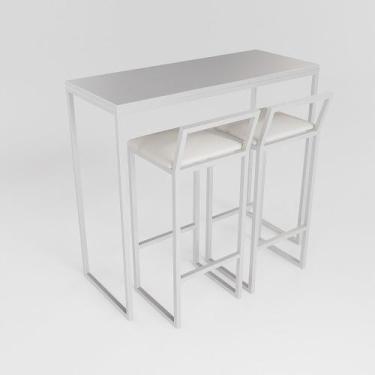 Imagem de Bancada Cozinha Balcão Gourmet 120cm Branco Com 2 Banquetas Estofada B