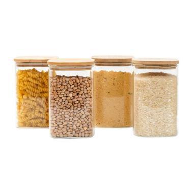 Imagem de Kit 4 potes de vidro 1,1L tampa de bambu herméticos quadrado - Tüd - T