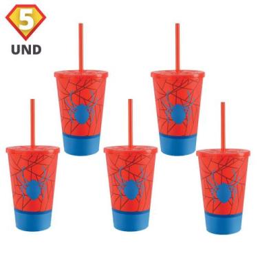 Imagem de 5 Copos Infantis Super Heróis 550ml c/ Tampa e Canudo Usual - Usual Ut