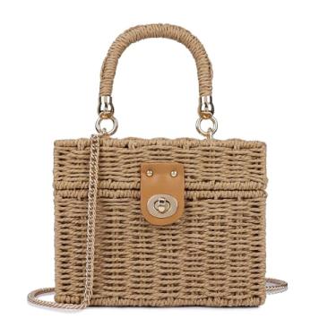 Imagem de Bolsa feminina de vime feita à mão, bolsa de ombro transversal de palha para praia, bolsa de mão com alça superior com alça de corrente, Marrom