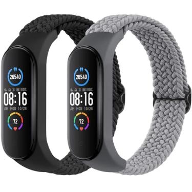 Imagem de Pacote com 2 pulseiras de nylon para Xiaomi Mi Band 7/6/5/4/3, tiras de substituição esportivas de nylon trançado macio para Xiaomi Mi Band 7/6/5/4/3 Fitness Tracker (preto + cinza)