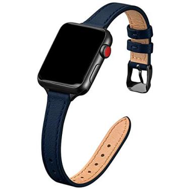 Imagem de STIROLL Pulseira fina de couro compatível com Apple Watch Ultra, SE séries 10, 9, 8, 7, 6, 5 e 42 mm de 49 mm, 46 mm, 45 mm, 44 mm e 42 mm (azul marinho)