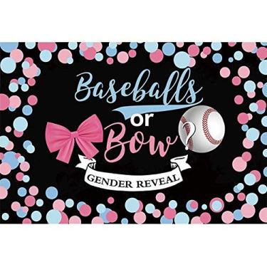 Imagem de Haoyiyi 2,1 x 1,5 m, bolas de beisebol ou laços, pano de fundo revelador de gênero menino ou menina rosa ou azul ele ou ela chá de bebê fotografia fundo foto banner aniversário unissex decoração