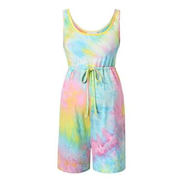 Imagem de FUNJULY Macaquinho feminino para gestantes, casual, alças finas, macacão de maternidade, gravata na cintura, regata curta, pijama, Tie-dye em pó/azul, M