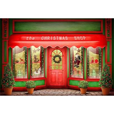 Imagem de AOFOTO 2,4 x 1,8 m Porta da frente da loja de Natal de fundo de fotografia janela de exibição de loja de Natal com brinquedos pano de fundo árvore de ano novo criança bebê menina menino retrato foto