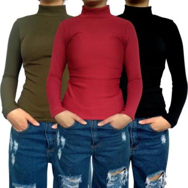 Imagem de Kit 3 Blusinhas Femininas Gola Alta Manga Longa Justas Lisas Cores Sor