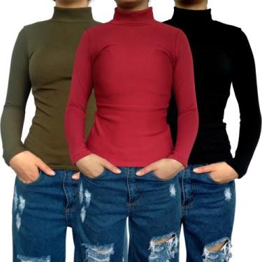Imagem de Kit 3 Blusinhas Femininas Gola Alta Manga Longa Justas Lisas Cores Sor