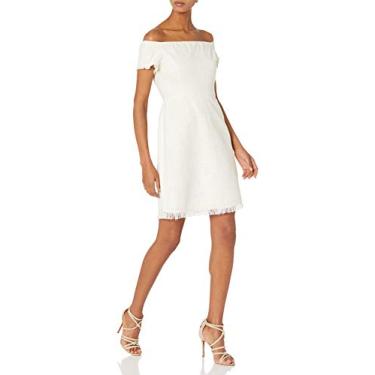 Imagem de Nanette Nanette Lepore Vestido feminino de manga curta com ombros de fora com detalhes de franjas, Cannoli Cream Multi, 44