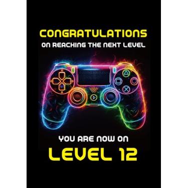 Imagem de Gooji Cartão de aniversário de jogador 5x7 para meninos e meninas - Design de nível para idades 9, 10, 11, 12 - Cartão de felicitações perfeito para festas de jogos (12 anos)