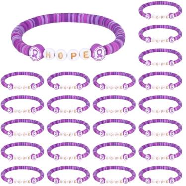 Imagem de Tondiamo 24 pulseiras Hope para conscientização do câncer de mama para mulheres, pulseiras de fita com contas de argila de polímero, acessórios de conscientização do câncer de mama, presente a granel