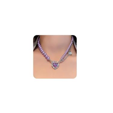 Imagem de Octwine 2 camadas delicadas boho strass roxo pérolas strass gargantilha colar corrente multicamadas gargantilha coração amor pingente colares para mulheres e meninas