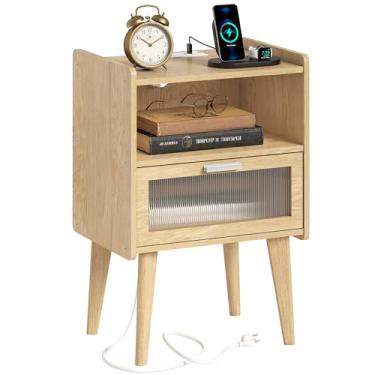 Imagem de Mesa de cabeceira com estação de carregamento, mesas de cabeceira de madeira natural, mesa de canto moderna, mesa lateral com espaço de armazenamento de 2 níveis para quarto, sala de estar MLBZ07YE