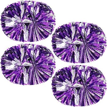 Imagem de PUZINE Pacote com 4 pompons de líder de torcida, pompons metálicos de torcida com alça de bastão de treinamento para líderes de torcida em massa do time Sport Spirit Squad (roxo e prata)