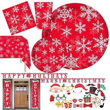 Imagem de Serve 30 pacotes completos de festa de Natal com tema de feliz Natal inclui 30 pratos, 30 xícaras, guardanapos, capas de mesa, 2 faixas, 1 banner de porta, adereços de foto ideais para festas de fim de ano, artigos de festa de Natal
