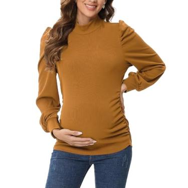 Imagem de FUNJULY Blusa feminina de malha canelada para gestantes, casual, gola alta, manga comprida, franzida, pulôver para mulheres grávidas, Gengibre, P