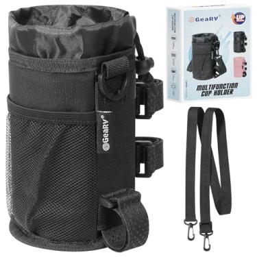 Imagem de GEARV Suporte de copo de bicicleta com alça de ombro, suporte de garrafa de água para caminhadas, scooter, UTV/ATV, carrinho de golfe, acessórios universais de suporte de bebida (preto)