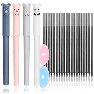 Imagem de Arshany Canetas de gel apagáveis, 4 peças de canetas de tinta de gel recarregáveis de 0,5 mm com 20 refis e 2 borrachas, canetas esferográficas fofas de animais de desenho animado, canetas de tinta