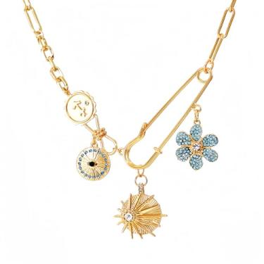 Imagem de ORIGENCE Colar feminino de coração de sol banhado a ouro 18 quilates com pingente de coração de corrente grossa, colar com pingente hip hop, colar unissex, Latão, Zircônia cúbica