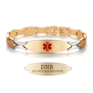 Imagem de LinnaLove Pulseiras de alerta médico femininas de aço inoxidável com gravação personalizada, 7 5 inch, Metal, Sem Pedra Preciosa