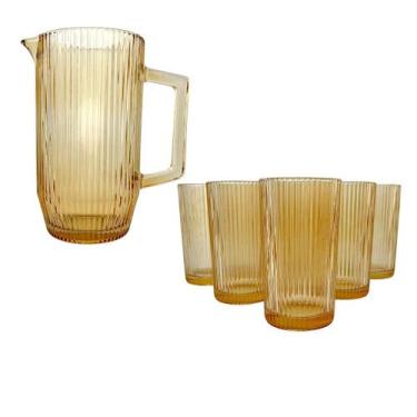 Imagem de Kit Jarra 1200ml Com 6 Copos 400ml Vidro Canelado Mesa Posta - HAUSKRA