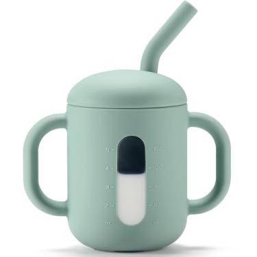 Imagem de CLYMENE Copo De Treinamento De Silicone Com Canudo E Alças, Copo Com Canudinho Para Bebês, Copo Para Beber Água Para Bebês E Crianças Pequenas De 6 Meses Ou Mais, 6 Oz, Sálvia