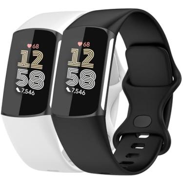 Imagem de Nacorulu Compatível com pulseiras Fitbit Charge 6/Charge 5, pulseira de substituição de silicone macio para mulheres e homens, pacote com 2 (preto_branco, pequeno (14 a 19,8 cm)
