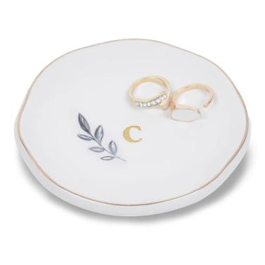 Imagem de Prato de anel de cerâmica personalizado, bandeja de joias inicial para anéis, brincos, colares e pulseiras, presente para noivados, aniversários, feriados, mãe, irmã, dama de honra, noiva, placa de