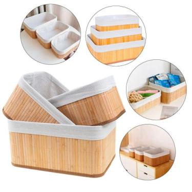 Imagem de Kit 3 Cestos Organizador de Bambu Multiuso com Forro P, M e G - B-MAX