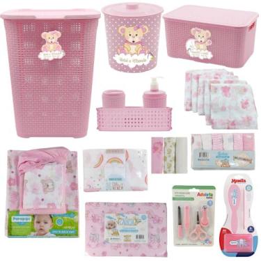 Imagem de Kit Cesto Rattan + Enxoval Bebê Organizador Lixeira Fraldas - Monte Lí