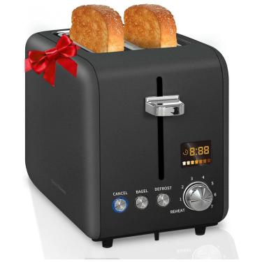 Imagem de Torradeira Elétrica 2 Fatias com 7 Níveis de Tostagem, Visor de LED, Função Descongelar e Bandeja de Migalhas Removível, 110V 900W,