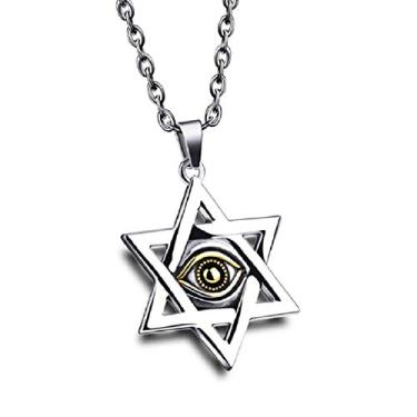 Imagem de Blowin Colar judaico masculino com pingente de estrela de Davi olho turco vintage prata ouro aço inoxidável, corrente de 55 cm (ouro)