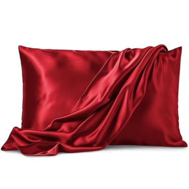 Imagem de Pacote com 2 fronhas de cetim - King Size (50,8 x 101,6 cm, Borgonha) - Fronhas de seda para cabelo e pele - Capas de almofada de cetim com fecho de envelope - Microfibra premium extra macia