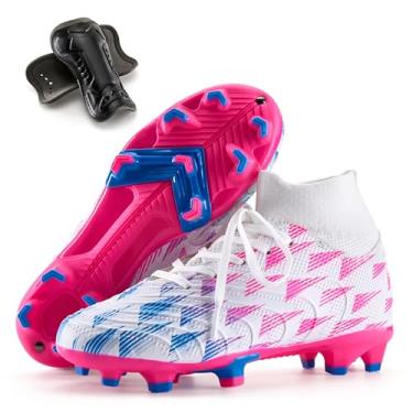 Imagem de PATPAT Chuteiras de futebol infantis, cano alto para uso ao ar livre, firme e gramado, tênis de treinamento de futebol, Branco/Rosa, 10 Toddler