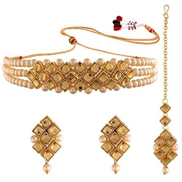 Imagem de Aheli Gargantilha de pérola Kundan banhado a ouro 18K brinco étnico indiano tradicional conjunto de joias para mulheres meninas (AH-PF37N347), OneSize, Metal, Sem pedras preciosas