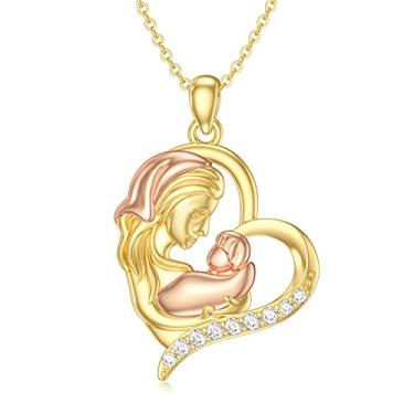 Imagem de Rikelus Colar de ouro real 14K com coração de mãe para mãe esposa avó, ouro amarelo I Love You Mom pingente colar joia presente para aniversário Natal 40-45 cm, Ouro, Zircônia cúbica